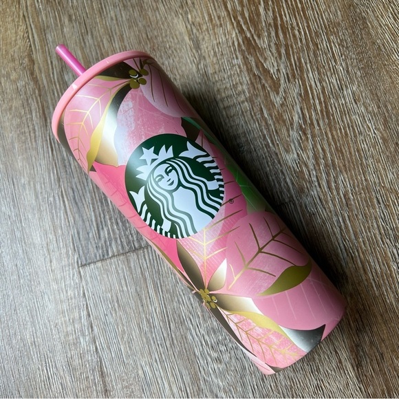 Starbucks Holiday 2020 Pink Poinsettia 24 oz. Cold Cup Stainless Steel